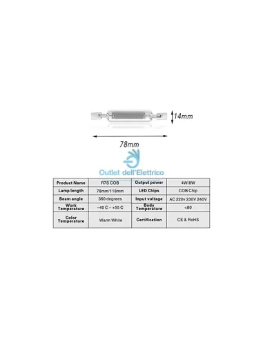 Duralamp LF1970W R7s led 78mm 4w 220-240v 2700k