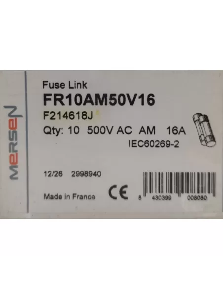 Fusible Mersen FR10AM50V16 10x38 AM 16A 500V CA