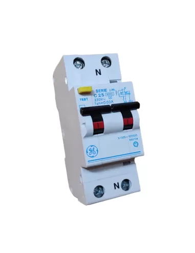 Interrupteur magnétothermique différentiel GE Power 569738, 1P N, 25 A, 30 mA, 6 kA, 2 modes