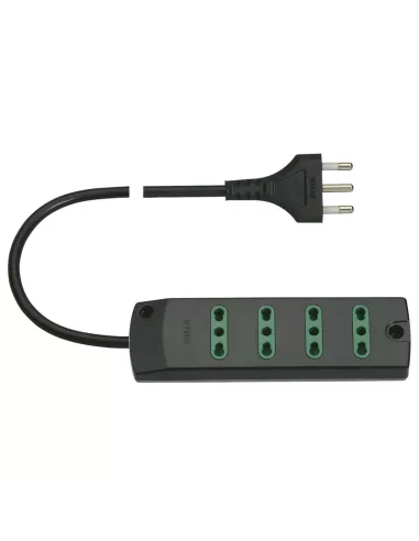 Vimar 00404.C Regleta de enchufes de 4 vías con doble pulsador, 10/16 A, 16 A, color negro, con cable