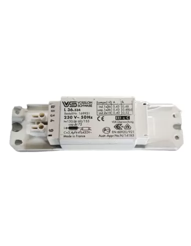 Vossloh 169931 fuente de alimentación l36 334 para lámpara ind casquillo 1x36 ind 2x18w 230v 50hz
