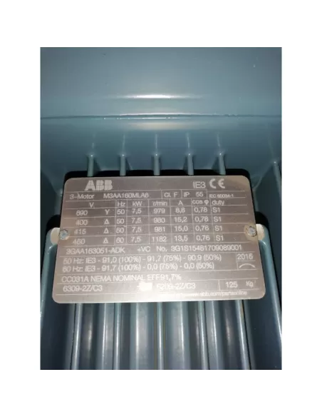 Abb motore elettrico 7,5 kw 6 poli ip55 alluminio ie3 400//690v4 3gaa163051-adk senza flangia