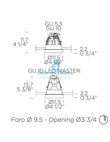 Leucos-iside 2/dicroica faretto incasso 50w gu5,3 vetro bianco