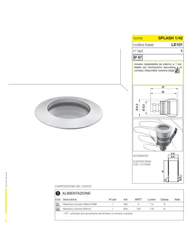 Domino LED 7E1010202DA6 Splash 1/42 500 mA NW Acier inoxydable satiné 1,6 W 4000 K