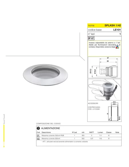 Domino LED 7E1010202DA6 Splash 1/42 500 mA NW Acier inoxydable satiné 1,6 W 4000 K