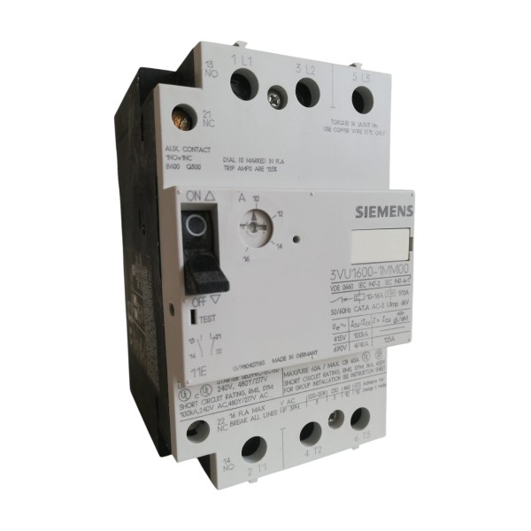 Siemens 3vu16001mm00 interruttore magnetotermico 10-16a 1na+1nc 3ph 415v 50/60hz 100ka
