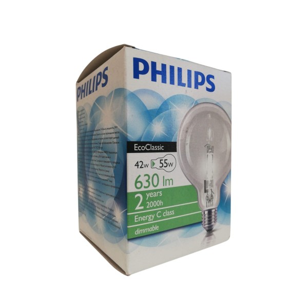 Philips ec2ygl42 ecoclassic globo alogeno 42w e27 230v g95 chiara