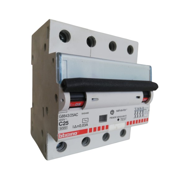 Bticino g8843/25ac interruttore magnetotermico differenziale 4p 25a 0,03a c-ac 6k