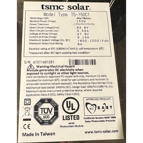 Tsmc Solar TS-150C1 pannello fotovoltaico 150wp