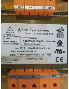 Transformateur d'isolement monophasé ocm064080f346, 1500 VA, primaire 0-400-460 V, secondaire 0-110-220 V 2