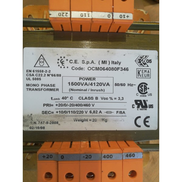 ocm064080f346 frasformatore monofase di isolamento 1500va primario 0-400-460v secondario 0-110-220v