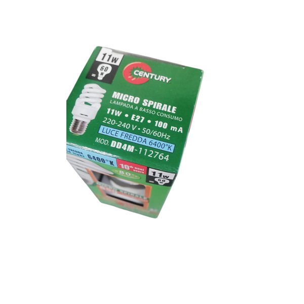 Century italia dd4m-112764 micro spirale lamp  11w 60w e27 240vac 6400°k century