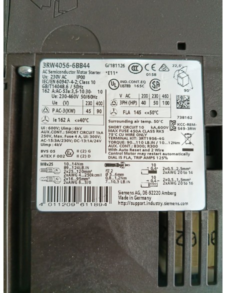 SIEMENS 3RW40566BB44 DÉMARRAGE DOUX S6 90KW 400V